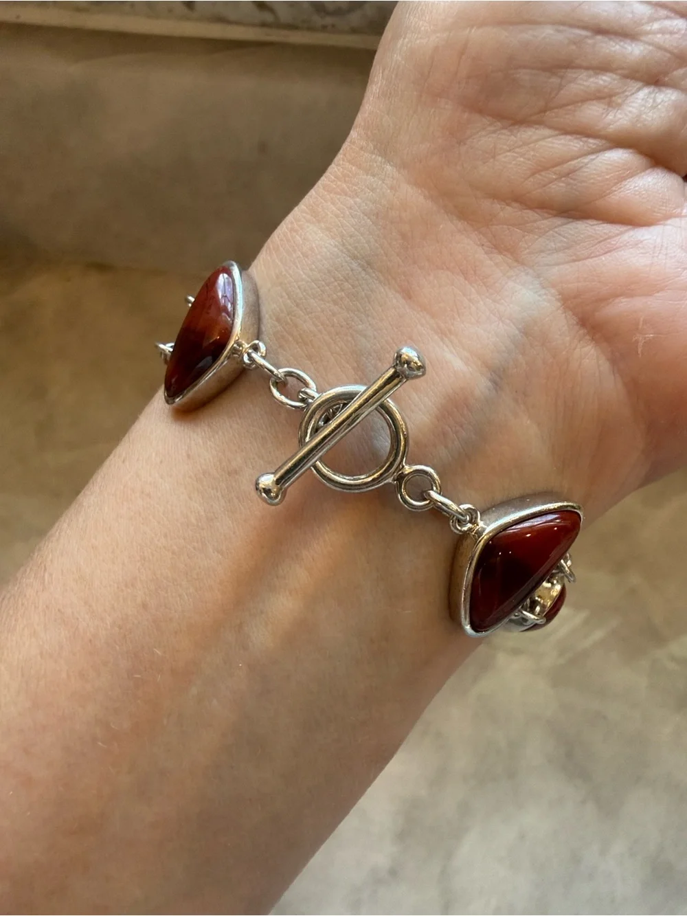 Artisan Red Jasper Cabochon Gemstone Link Bracelet In Sterling Silver